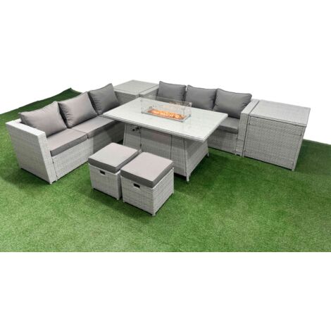 Fimous PE Rattan Lounge Sofa Set Outdoor Garden Furniture Set with Firepit Dining Table 3 Seater Sofa 2 Side Table 2 Small Stools Light Grey