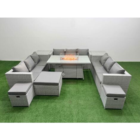 Fimous PE Rattan Lounge Sofa Set Outdoor Garden Furniture Set with Firepit Dining Table 3 Seater Sofa 2 Side Table 3 Stools Light Grey