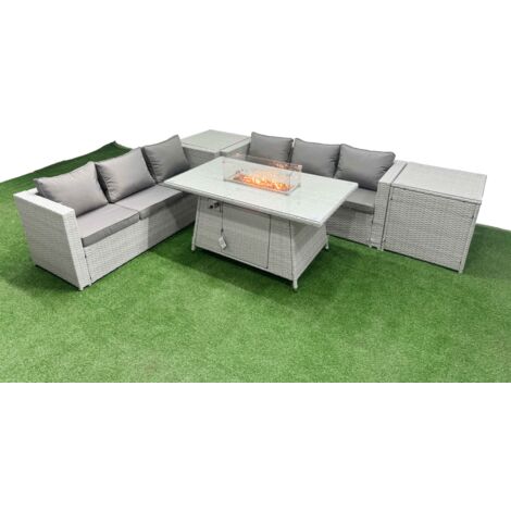 Fimous PE Rattan Lounge Sofa Set Outdoor Garden Furniture Set with Firepit Dining Table 3 Seater Sofa 2 Side Table Light Grey