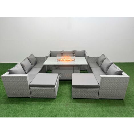 Fimous PE Rattan Lounge Sofa Set Outdoor Garden Furniture Set with Firepit Dining Table 3 Seater Sofa Light Grey