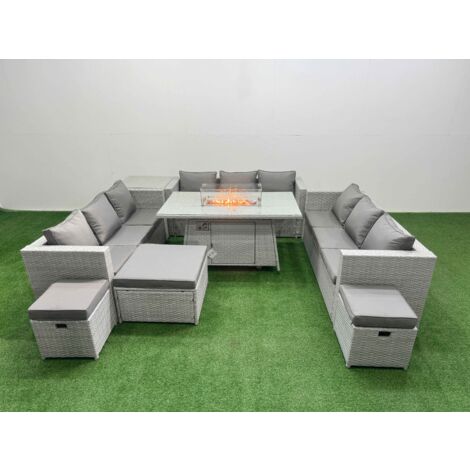 Fimous PE Rattan Lounge Sofa Set Outdoor Garden Furniture Set with Firepit Dining Table 3 Seater Sofa Side Table 3 Stools Light Grey