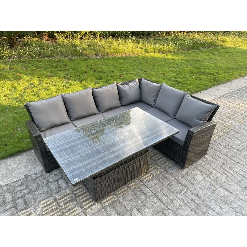 Pe Rotin Coin Salon De Jardin Haut Dossier Table De Levage Réglable Ensemble De 6 Sièges - Fimous