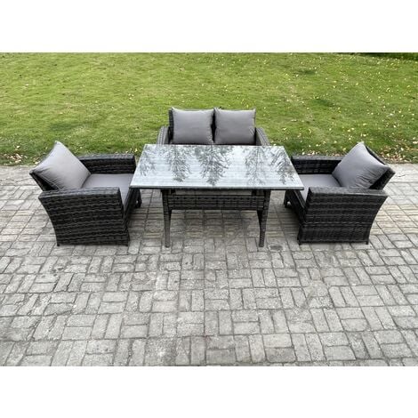 Fimous PE Wicker Outdoor Garden Furniture Set Patio Furniture Rattan Rectangular Dining Table Lounge Sofa Dark Grey Mixed