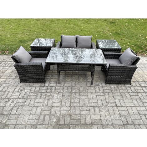 Fimous PE Wicker Outdoor Garden Furniture Set Patio Furniture Rattan Rectangular Dining Table Lounge Sofa with 2 Side Tables