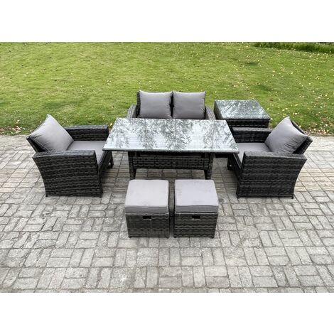 Fimous PE Wicker Outdoor Garden Furniture Set Patio Furniture Rattan Rectangular Dining Table Lounge Sofa with Side Table 2 Small Footstool