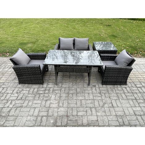 Fimous PE Wicker Outdoor Garden Furniture Set Patio Furniture Rattan Rectangular Dining Table Lounge Sofa with Side Table