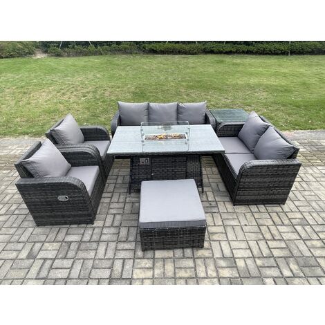 Fimous PE Wicker Outdoor Rattan Garden Furniture Set Propane Gas Fire Pit Table and Sofa Chair set with Side Table Big Footstool