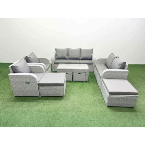 Fimous PE Wicker Rattan Furniture Sets with Oblong Coffee Table Love Sofa 3 Seater Sofa Reclining Chair 4 Stools Light Grey Mixed