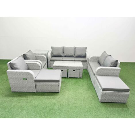 Fimous PE Wicker Rattan Furniture Sets with Oblong Coffee Table Love Sofa Reclining Chair 3 Seater Sofa 4 Stools Side Table Light Grey Mixed