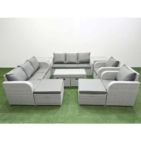 Fimous PE Wicker Rattan Furniture Sofa Sets with Oblong Coffee Table 3 Seater Sofa 4 Stools 2 Side Tables Light Grey