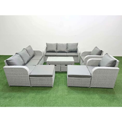 Fimous PE Wicker Rattan Furniture Sofa Sets with Oblong Coffee Table 3 Seater Sofa 4 Stools Light Grey