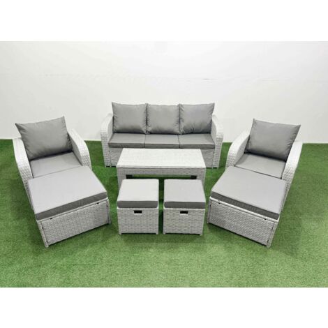 Fimous PE Wicker Rattan Furniture Sofa Sets with Oblong Coffee Table 3 Seater Sofa 4 Stools Light Grey Mixed