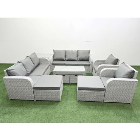 Fimous PE Wicker Rattan Furniture Sofa Sets with Oblong Coffee Table 3 Seater Sofa 4 Stools Side Table Light Grey