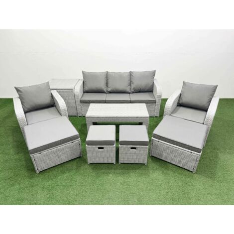Fimous PE Wicker Rattan Furniture Sofa Sets with Oblong Coffee Table 3 Seater Sofa 4 Stools Side Table Light Grey Mixed