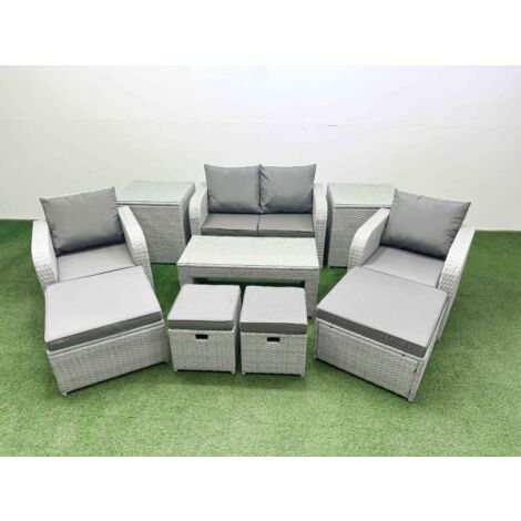 Fimous PE Wicker Rattan Furniture Sofa Sets with Oblong Coffee Table Love Sofa Reclining Chair 2 Side Table 4 Stools Light Grey Mixed