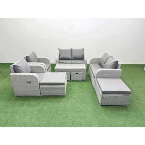 Fimous PE Wicker Rattan Furniture Sofa Sets with Oblong Coffee Table Love Sofa Reclining Chair 4 Stools Light Grey Mixed