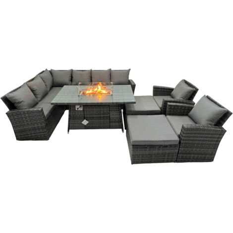 Fimous Poly Rattan Outdoor Patio Gas Firpit Dining Table Corner Sofa Set with 2 Big Stools 2 Chairs for Garden Backyard Dark Grey Mixed