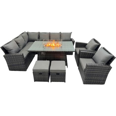 Fimous Poly Rattan Outdoor Patio Gas Firpit Dining Table Corner Sofa Set with 2 Small Stools 2 Chairs for Garden Backyard Dark Grey Mixed