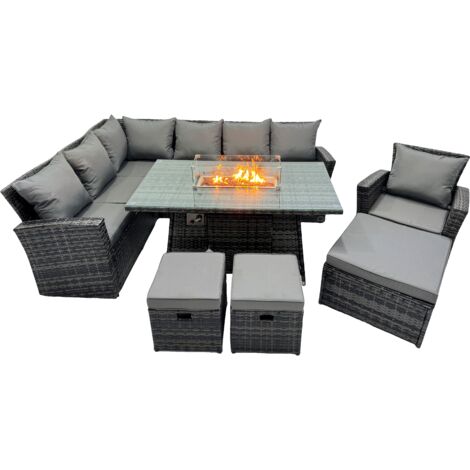 Fimous Poly Rattan Outdoor Patio Gas Firpit Dining Table Corner Sofa Set with 3 Stools Chair for Garden Backyard Dark Grey Mixed