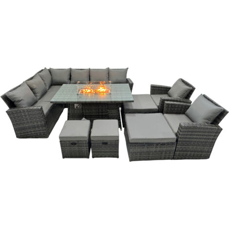 Fimous Poly Rattan Outdoor Patio Gas Firpit Dining Table Corner Sofa Set with 4 Stools 2 Chairs for Garden Backyard Dark Grey Mixed
