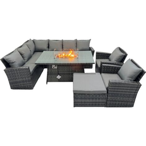 Fimous Poly Rattan Outdoor Patio Gas Firpit Dining Table Corner Sofa Set with Big Stool 2 Chairs for Garden Backyard Dark Grey Mixed