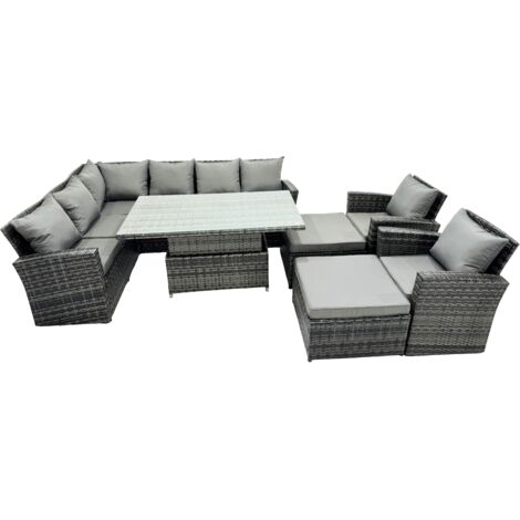 Fimous Poly Rattan Outdoor Patio Height Adjustable Rising Lifting Table Corner Sofa Set with 2 Big Stool,2 Chairs for Garden Backyard Dark Grey Mixed