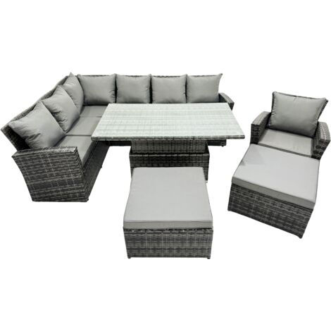 Fimous Poly Rattan Outdoor Patio Height Adjustable Rising Lifting Table Corner Sofa Set with 2 Big Stool,Chair for Garden Backyard Dark Grey Mixed