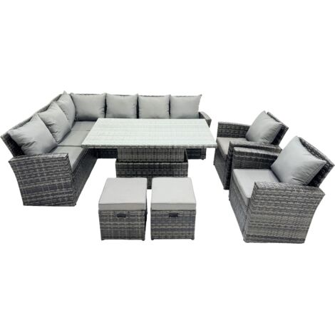 Fimous Poly Rattan Outdoor Patio Height Adjustable Rising Lifting Table Corner Sofa Set with 2 Small Stool,2 Chairs for Garden Backyard Dark Grey Mixed