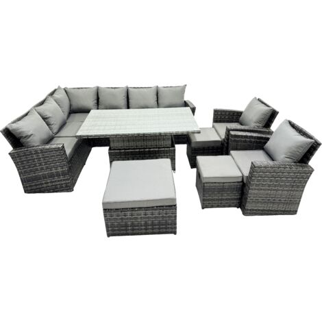 Fimous Poly Rattan Outdoor Patio Height Adjustable Rising Lifting Table Corner Sofa Set with 3 Stool,2 Chairs for Garden Backyard Dark Grey Mixed