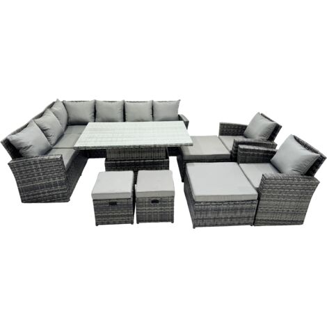 Fimous Poly Rattan Outdoor Patio Height Adjustable Rising Lifting Table Corner Sofa Set with 4 Stool,2 Chairs for Garden Backyard Dark Grey Mixed