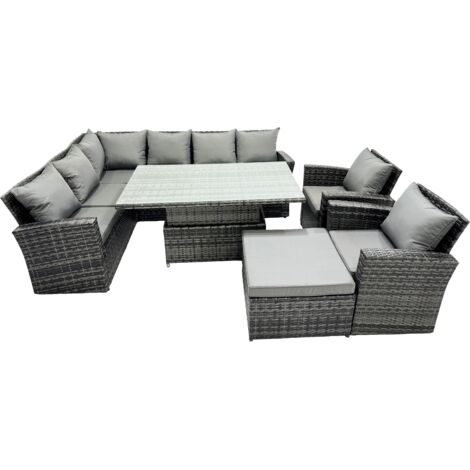 Fimous Poly Rattan Outdoor Patio Height Adjustable Rising Lifting Table Corner Sofa Set with Big Stool,2 Chairs for Garden Backyard Dark Grey Mixed