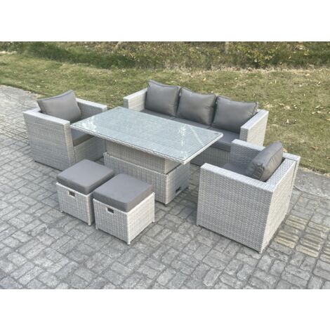 Fimous Polyrattan Essgruppe Gartenmöbel Set Höhe verstellbar Esstisch Set mit Sofa 2 Sessel 2 kleiner Fußhocker Helles Grau
