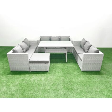 Fimous Polyrattan Gartenmöbel Set 10 Sitzer Garten Sofa Rechteckiger Esstisch Set mit Großer Fußhocker Hellgrau gemischt
