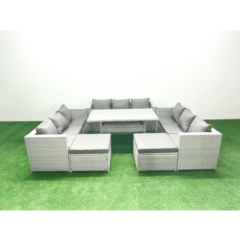 Fimous Polyrattan Gartenmöbel Set 11 Sitzer Garten Sofa Rechteckiger Esstisch Set mit 2 Großer Hockern Hellgrau gemischt