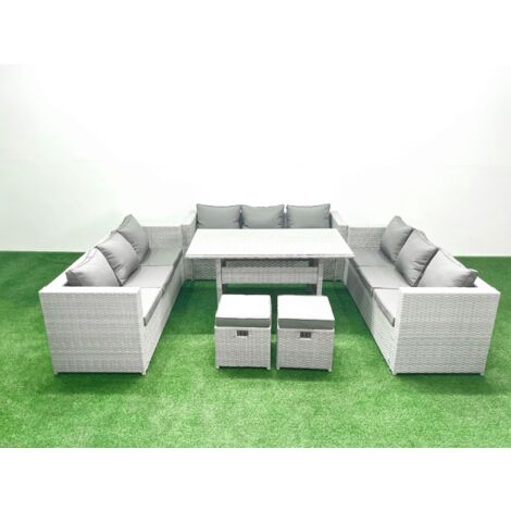 Fimous Polyrattan Gartenmöbel Set 11 Sitzer Garten Sofa Rechteckiger Esstisch Set mit 2 Kleiner Hocker Hellgrau gemischt