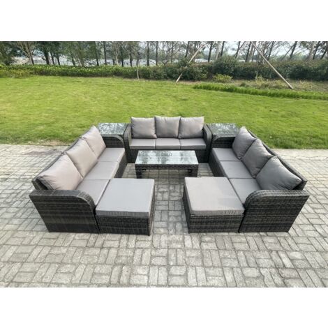 Fimous Polyrattan Gartenmöbel Set 11-Sitzer Patio Sofa Set mit Couchtisch 2 hohen Hockern 2 Beistelltischen Dunkelgrau Gemischt