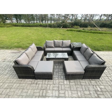 Fimous Polyrattan Gartenmöbel Set 11-Sitzer Patio Sofa Set mit Couchtisch 2 hohen Hockern Beistelltischen Dunkelgrau Gemischt