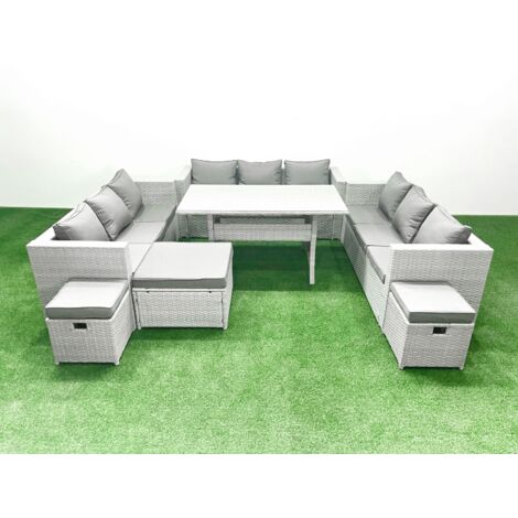 Fimous Polyrattan Gartenmöbel Set 12 Sitzer Garten Sofa Rechteckiger Esstisch Set mit 3 Fußhockern Hellgrau gemischt