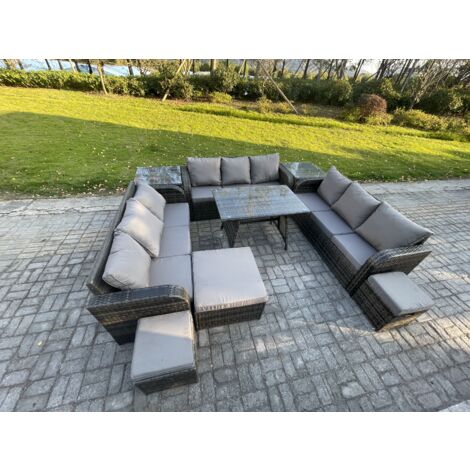 Fimous Polyrattan Gartenmöbel Set 12-Sitzer Polyrattan Garten Sofa im Freien Set mit 2 Beistelltischen Rechteckiger Esstisch 3 Hockern Dunkelgrau Gemischt