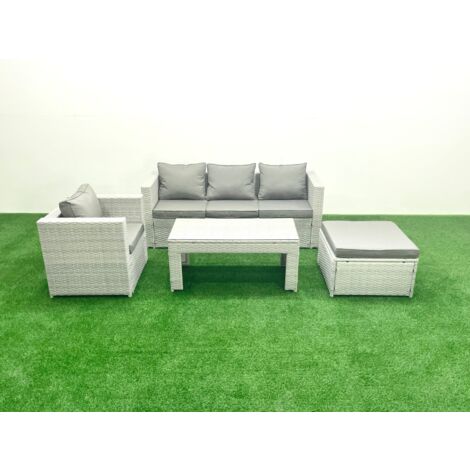 Fimous Polyrattan Gartenmöbel Set 4 Stücke Outdoor Garten Sofa Rechteckiger Couchtisch Set mit Sessel 2 Großer Hockern Hellgrau gemischt