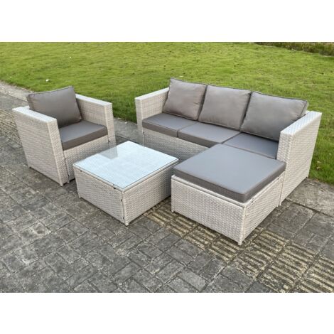 Fimous Polyrattan Gartenmöbel Set 5-Sitzer Rattan Sofa Set mit 3-Sitzer Sofa Sessel Quadrat Couchtisch Großer Fußhocker Helles Grau