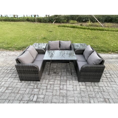Fimous Polyrattan Gartenmöbel Set 6-Sitzer Gartensofa Set mit Rechteckiger Esstisch 2 Beistelltischen Dunkelgrau Gemischt