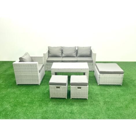 Fimous Polyrattan Gartenmöbel Set 6 Stücke Outdoor Garten Sofa Rechteckiger Couchtisch Set mit Sessel 3 Hockern Hellgrau gemischt