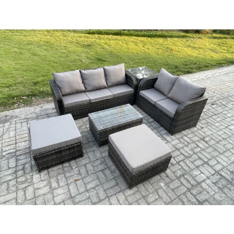 Fimous Polyrattan Gartenmöbel Set 7-Sitzer Garten Sofa im Freien Set mit Love Sofa Couchtisch 2 hohen Hockern Beistelltisch Dunkelgrau Gemischt