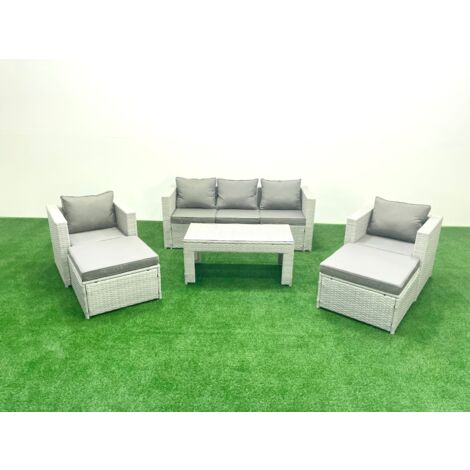 Fimous Polyrattan Gartenmöbel Set 7-Sitzer Outdoor Garten Sofa 2 Sesseln Rechteckiger Couchtisch Set mit 2 Hockern Hellgrau gemischt