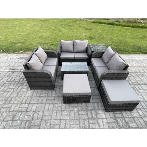 Fimous Polyrattan Gartenmöbel Set 8-Sitzer Garten Sofa im Freien Set mit Love Sofa Couchtisch Beistelltisch 2 hohen Hockern Dunkelgrau Gemischt