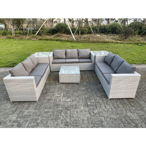 Fimous Polyrattan Gartenmöbel Set 9-Sitzer Rattan Sofa Set mit 3-Sitzer Sofa 2 Beistelltisch Quadrat Couchtisch Helles Grau
