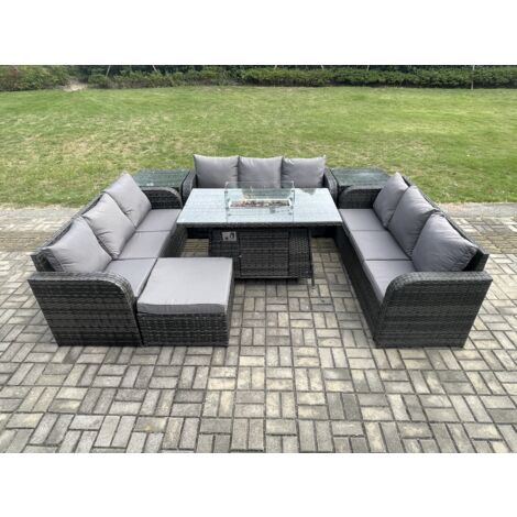 Fimous Polyrattan Gartenmöbel Set Gasfeuerstelle Esstisch Set mit 2 Beistelltischen 2 Großer Hockern Dunkelgrau Gemischt