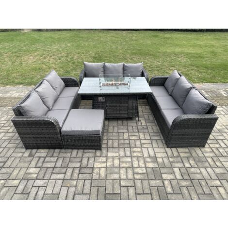 Fimous Polyrattan Gartenmöbel Set Gasfeuerstelle Esstisch Set mit 3-Sitzer Sofa Fußhocker Dunkelgrau Gemischt