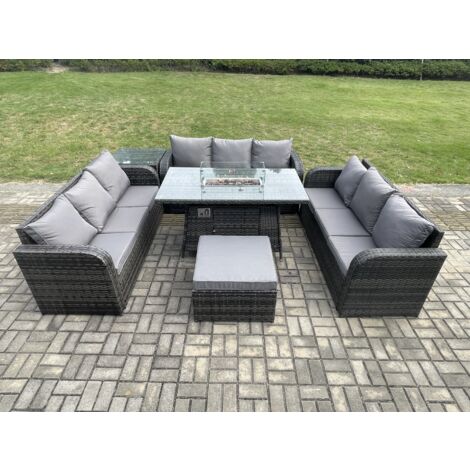 Fimous Polyrattan Gartenmöbel Set Gasfeuerstelle Esstisch Set mit Beistelltisch 3-Sitzer Sofa Fußhocker Dunkelgrau Gemischt